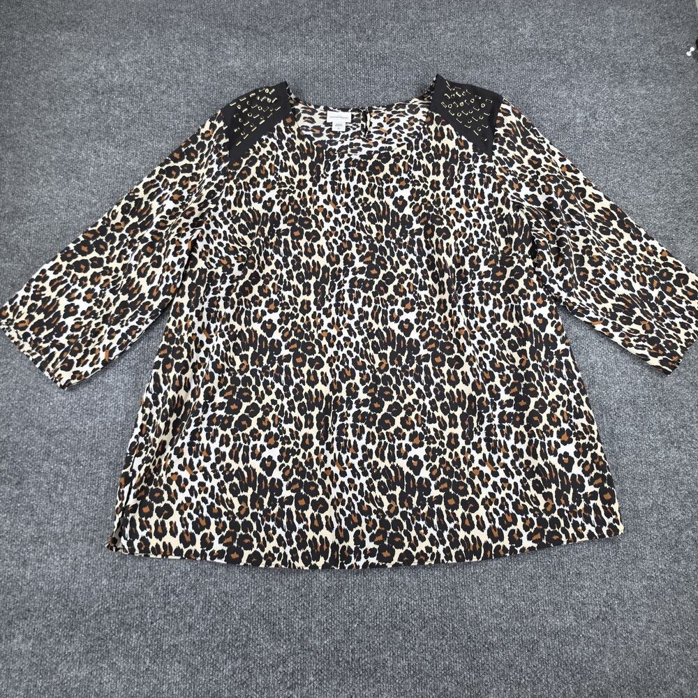 Jaclyn Smith Women 2X Leopard Animal Print Tunic Blouse Studded Shoulder 3/4 Sle